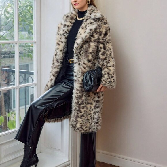 Jackets & Blazers - Multicolor Casual Women's Faux Fur Leopard Print Lapel Collar Long Coat